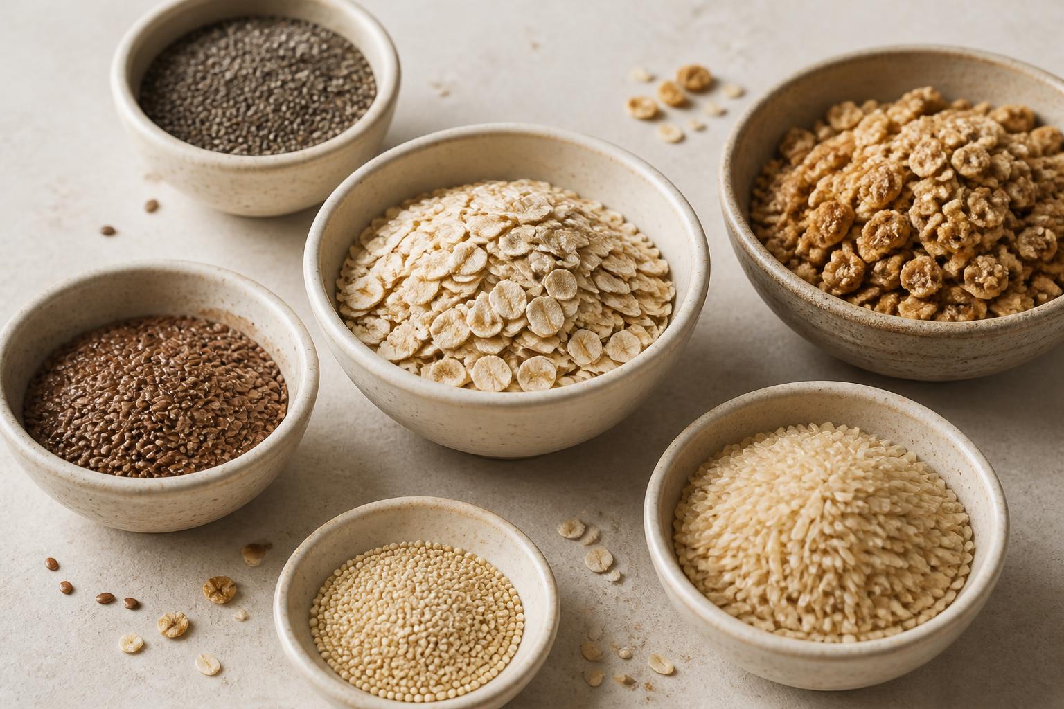 Premium editorial arrangement of oats, granola, chia, flax, quinoa, and rice in neutral ceramic bowls on a light stone surface